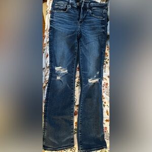 American Eagle Outfitters Mid Rise Dark Blue Distressed Straight Leg Jeans